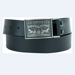 2 Horse Leather Belt With Plaque Buckle - Black